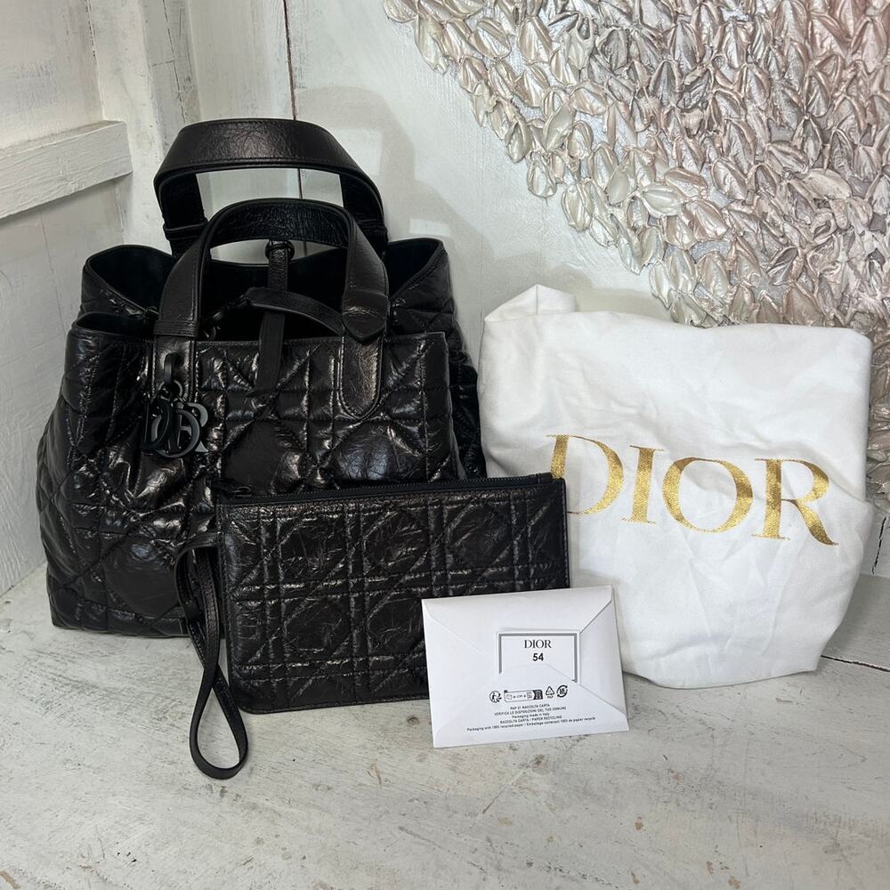 NWT Dior Toujours Black Macrocannage Calfskin Top Handle Bag w/ Removable Pouch